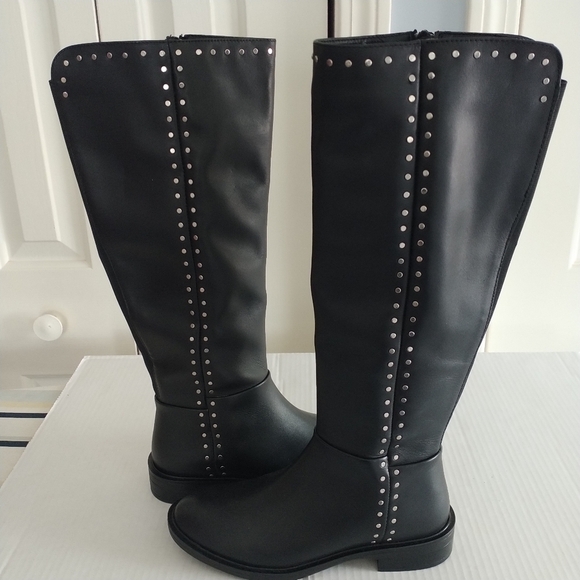 Steve Madden Steven Comfort Black Studded Leather Riding Boots Sz 6M - Picture 1 of 15